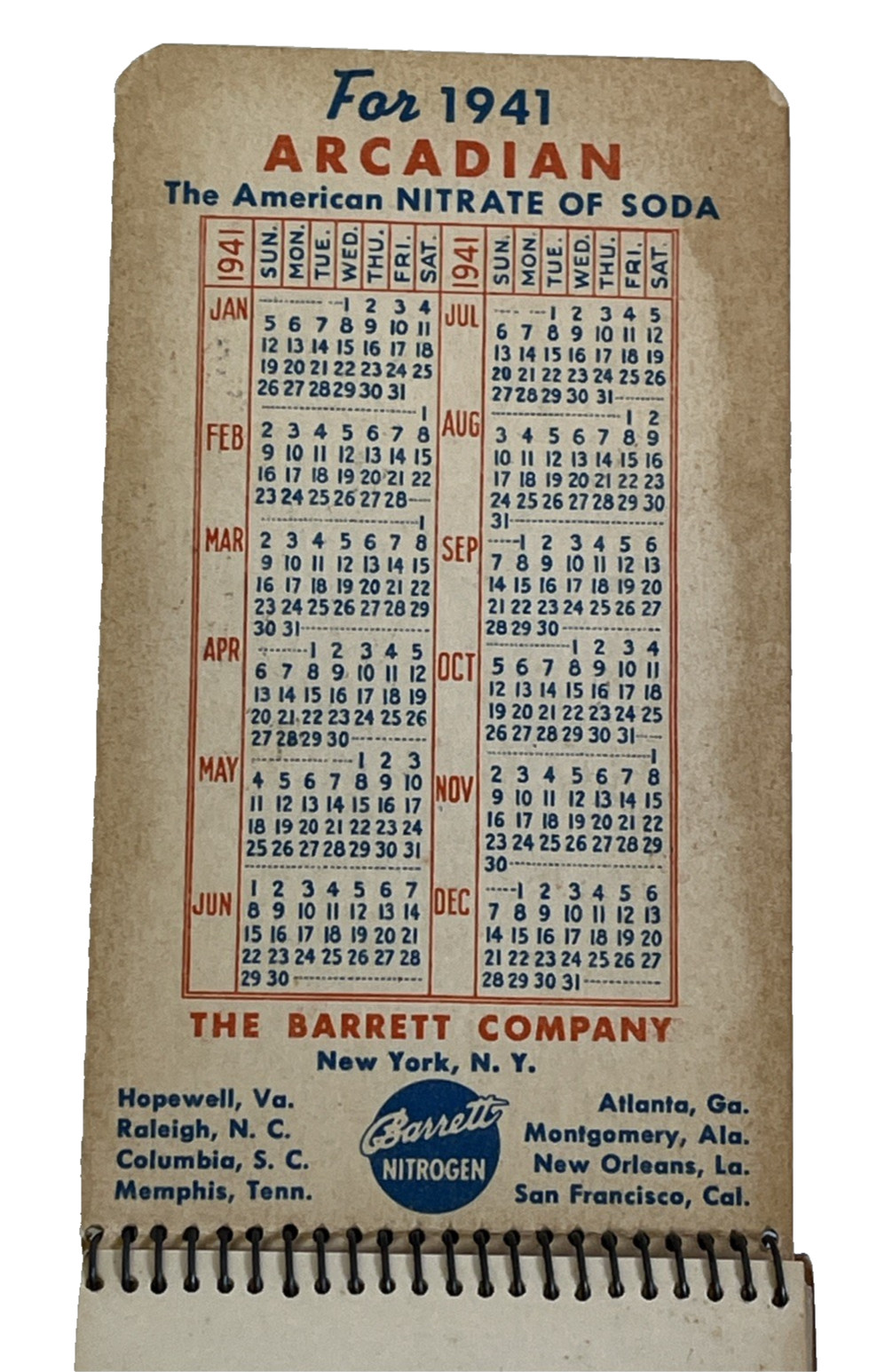 1941 Barrett Nitrogen Arcadian Nitrate of Soda Memo Book Calendar Advertising