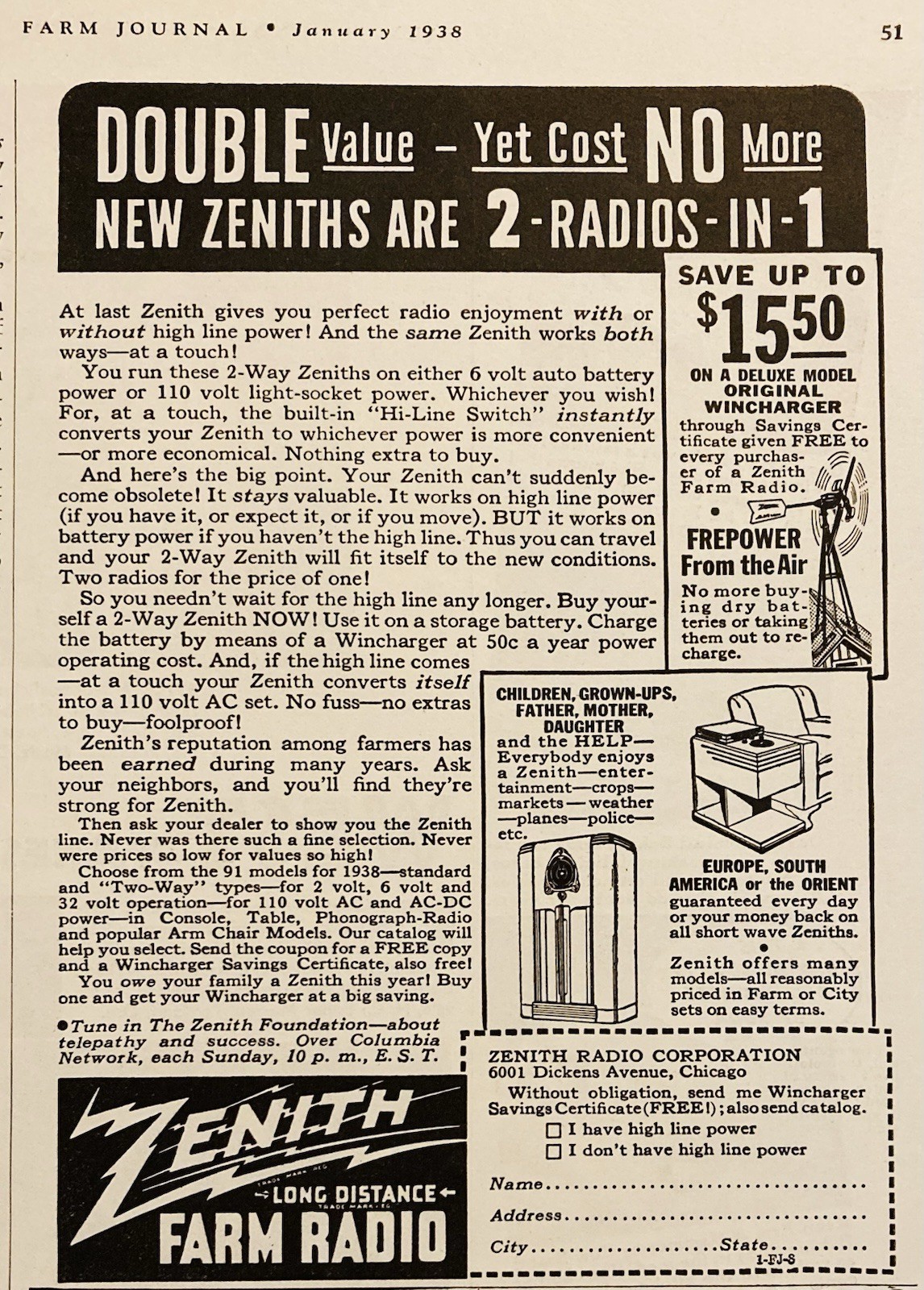 1938 AD.(XH84)~ZENITH RADIO CO. CHICAGO. LONG DISTANCE FARM RADIO W/WIND CHARGER