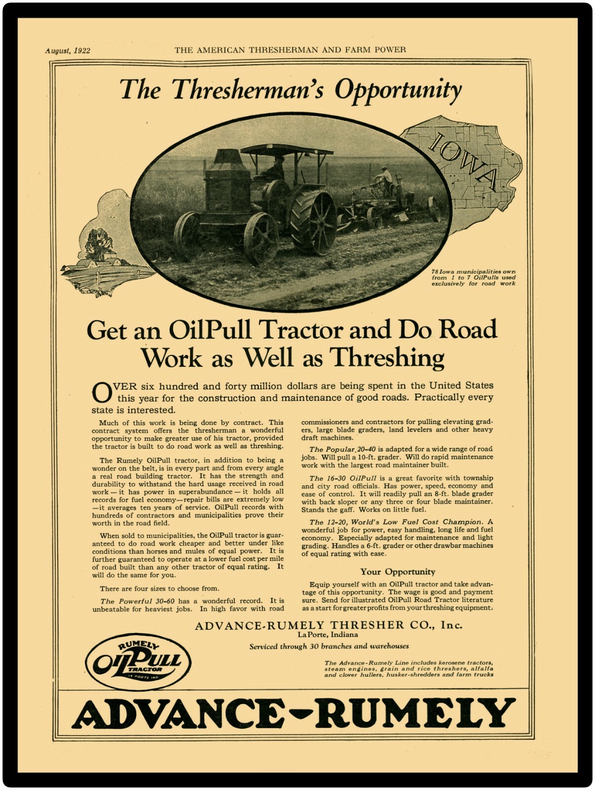 1922 Advance Rumely Oil Pull Tractor Reproduction Metal Sign: Doing Road Work