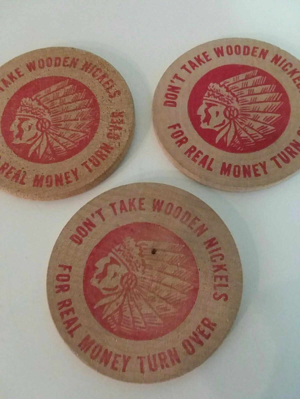 Lot of 3 Yazoo Mower Advertising Indian Wooden Nickel Big Wheel Deal Token Coins