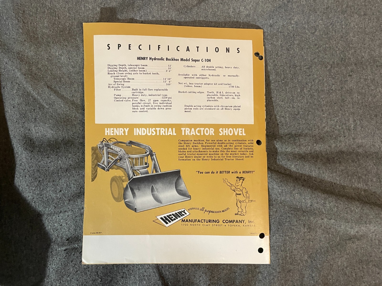 1950&rsquo;s Henry Hydraulic Backhoe Tractors Super C 10H Brochure Vintage 4 Pages