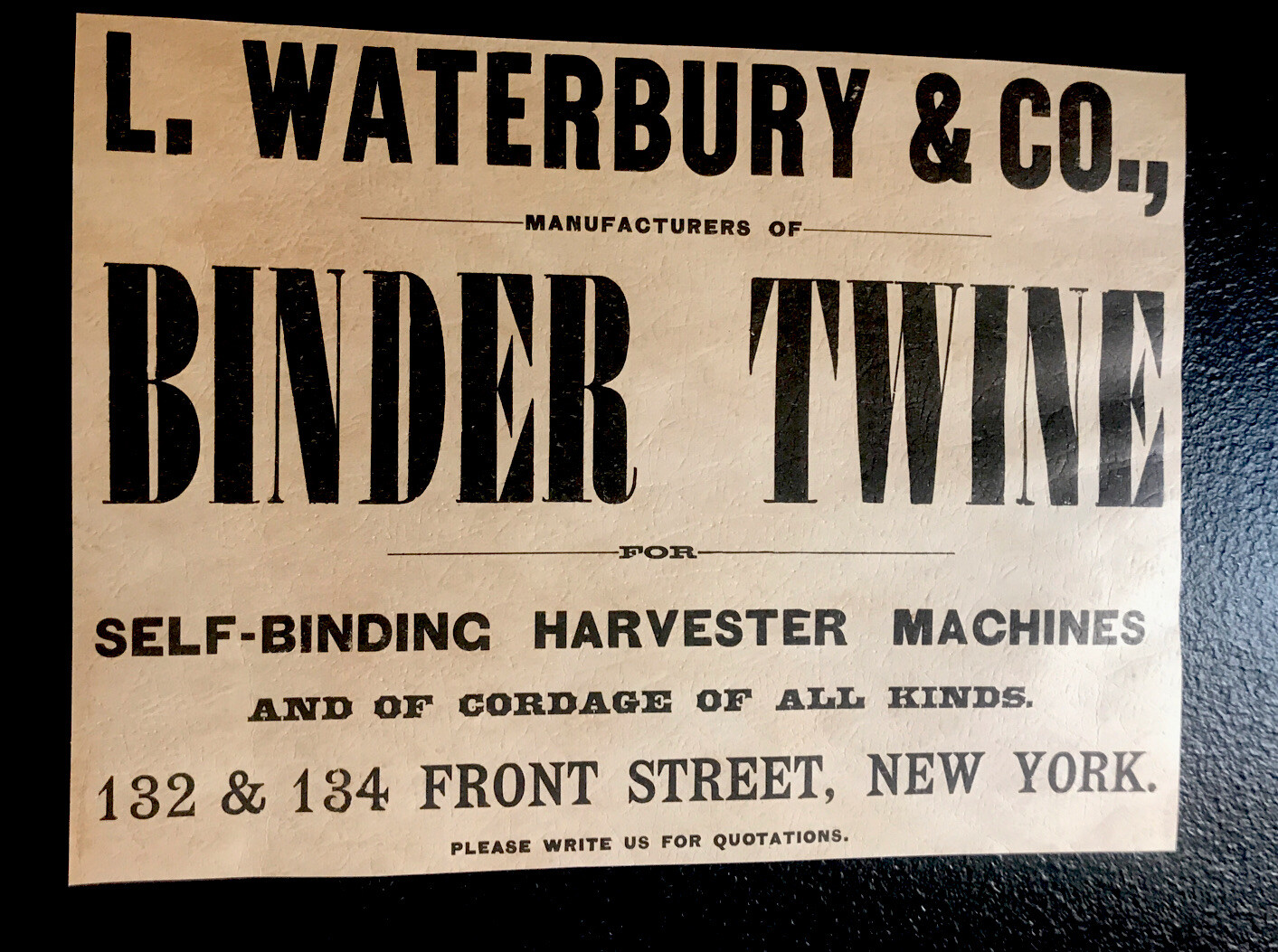1889 Waterbury Binder Twine For Harvester Machine Farm Advertising – New York