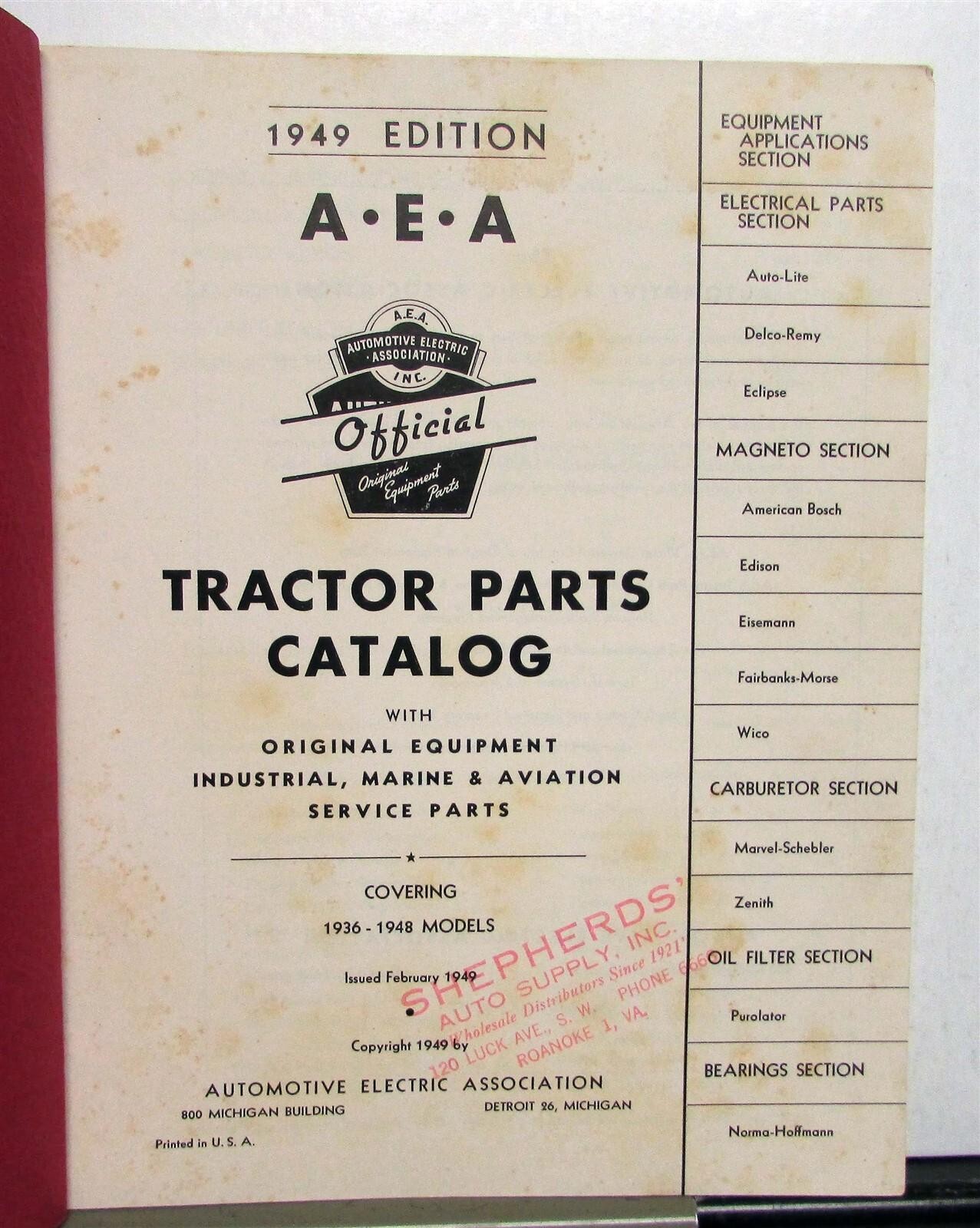 1949 A.E.A. Tractor &rsquo;36-&rsquo;48 Models Specs Construction Parts Catalog & Price List