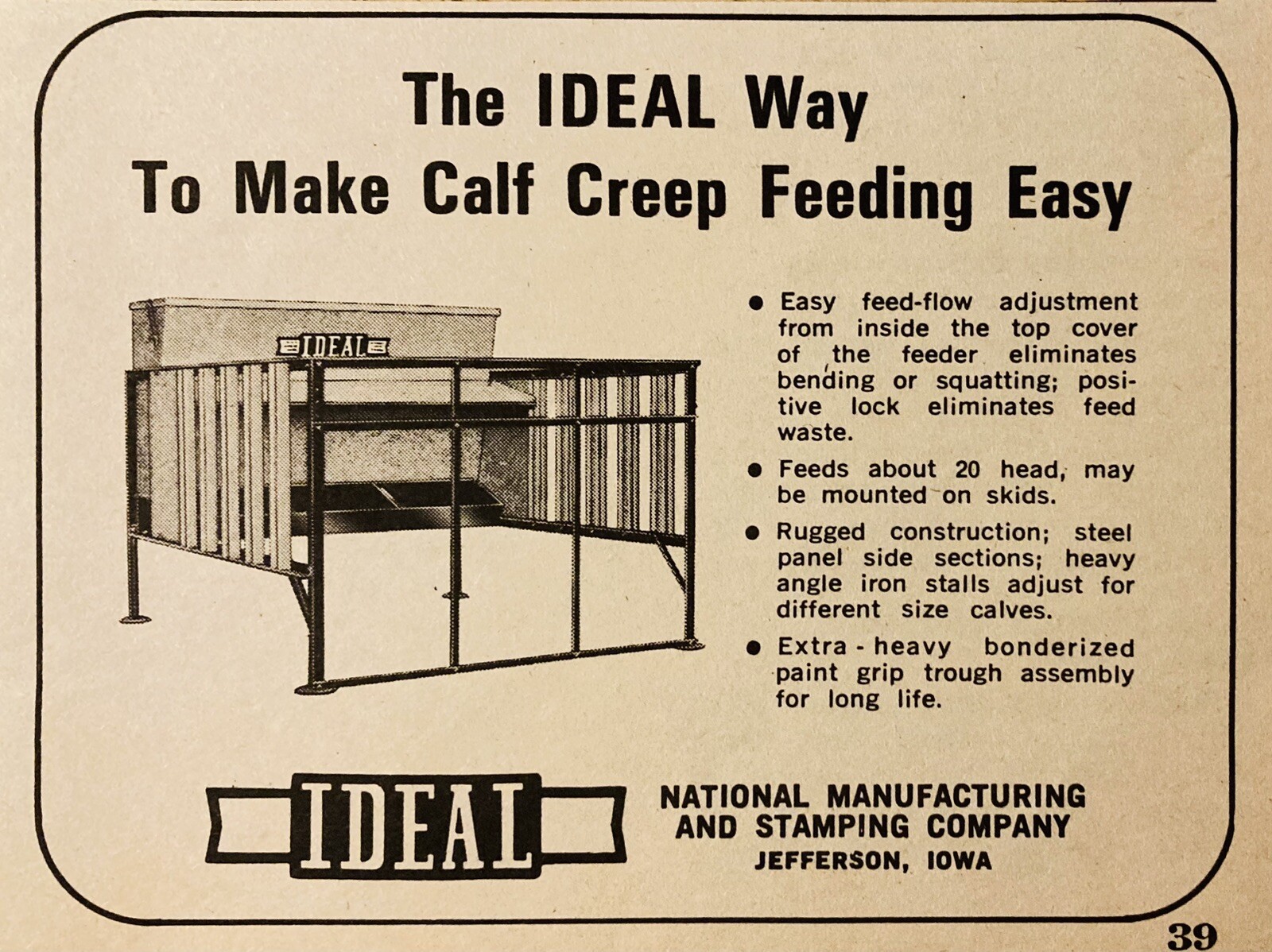 1969 AD.(XH78)~NATIONAL MFG. STAMPING CO. JEFFERSON, IOWA. CALF CREEP FEEDING