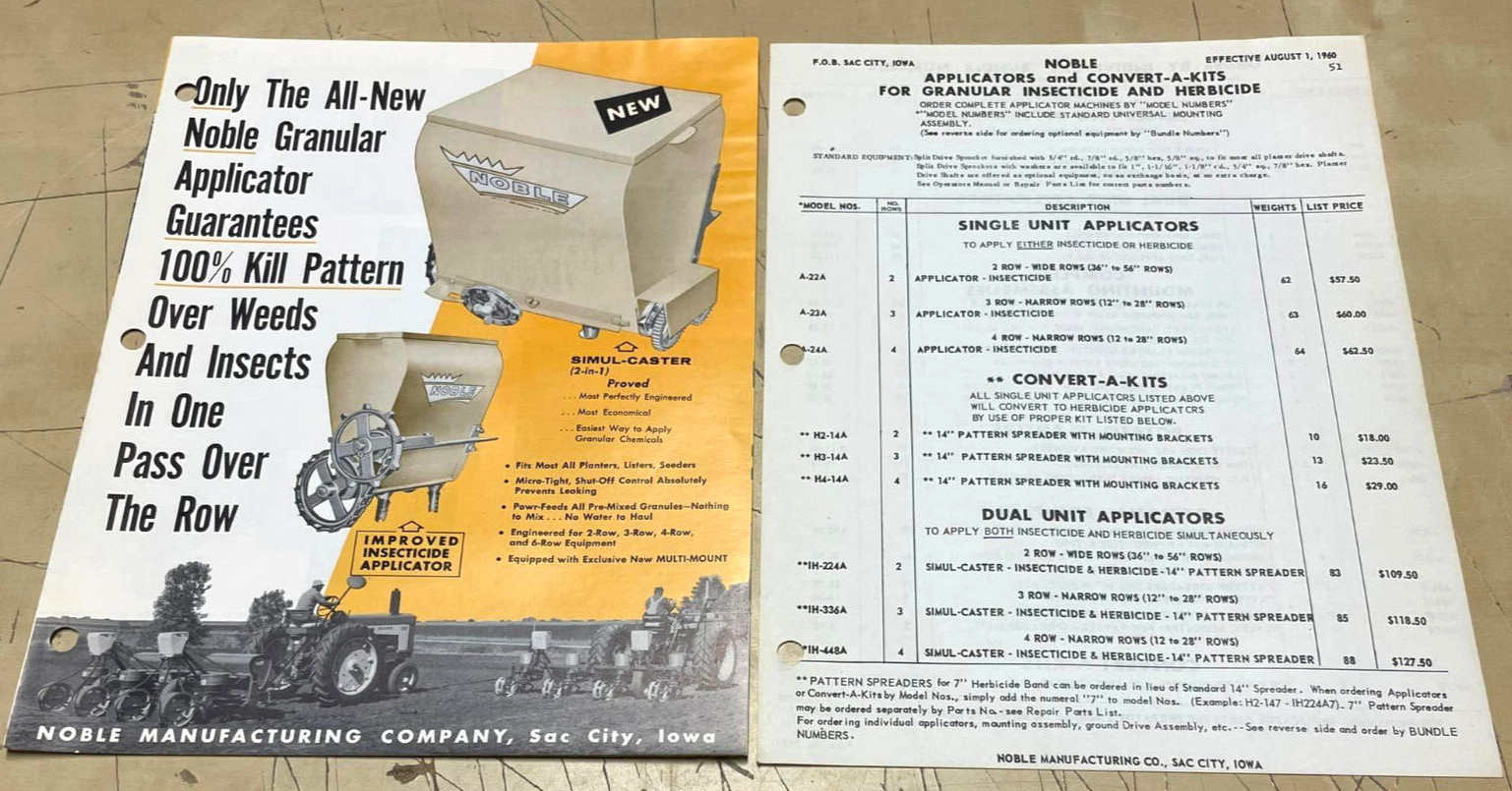Vtg Original Noble Granular Insecticide Applicator Brochure and Price List Sheet