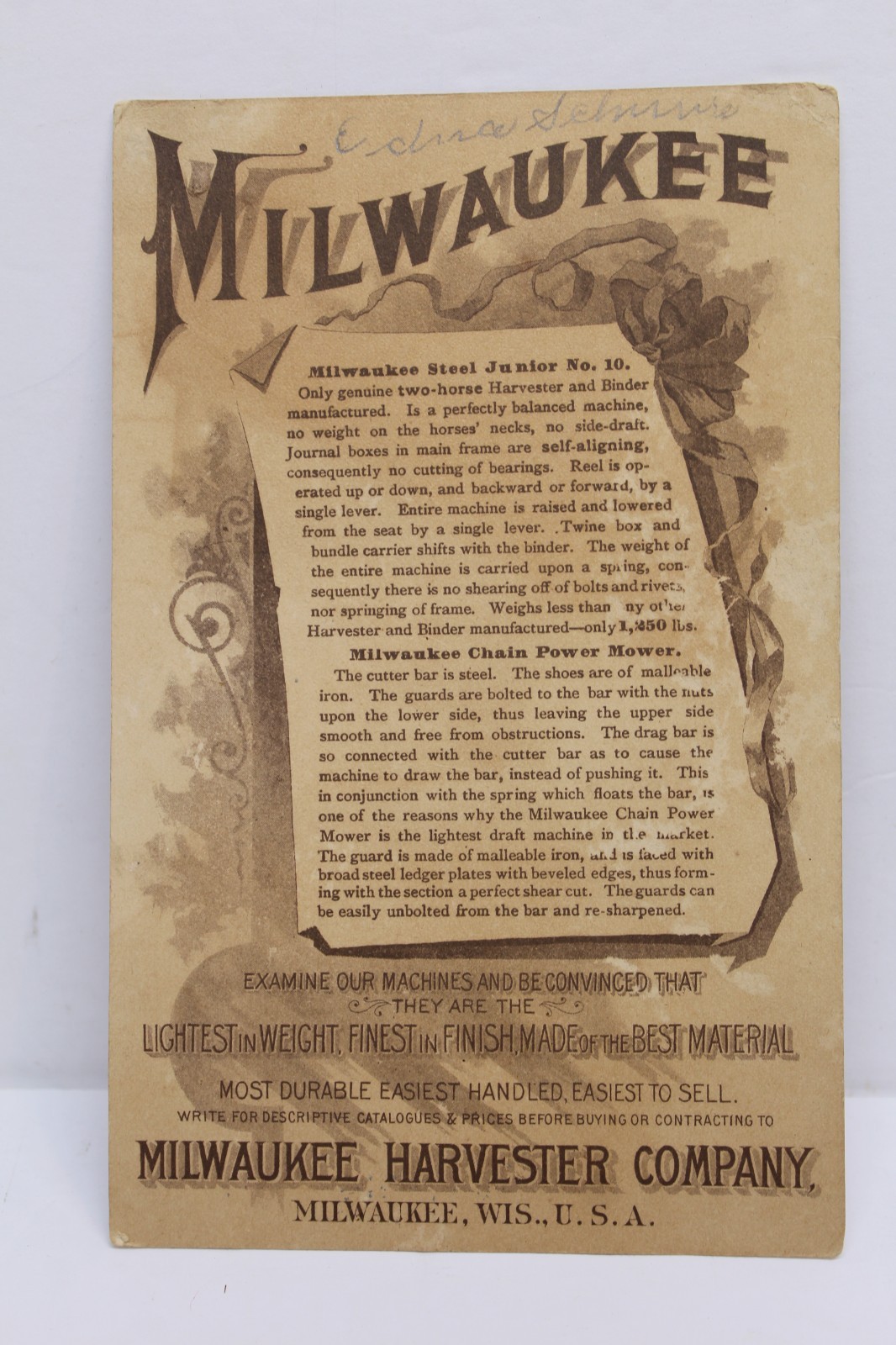 1890s Milwaukee Harvester Co. Farm Implements Ad Trade Card Mifflinburg Pa
