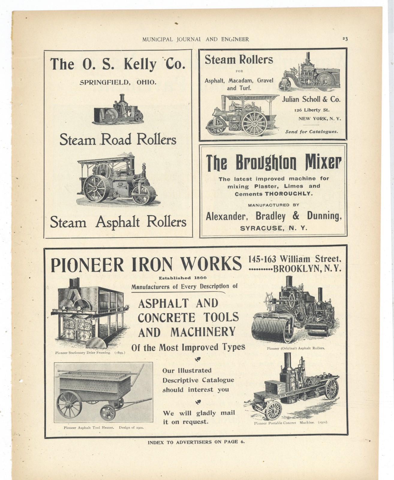 1901 Ads on 1 Pg: Kelly Road Rollers, Pioneer Iron Works, Julian Scholl, ++