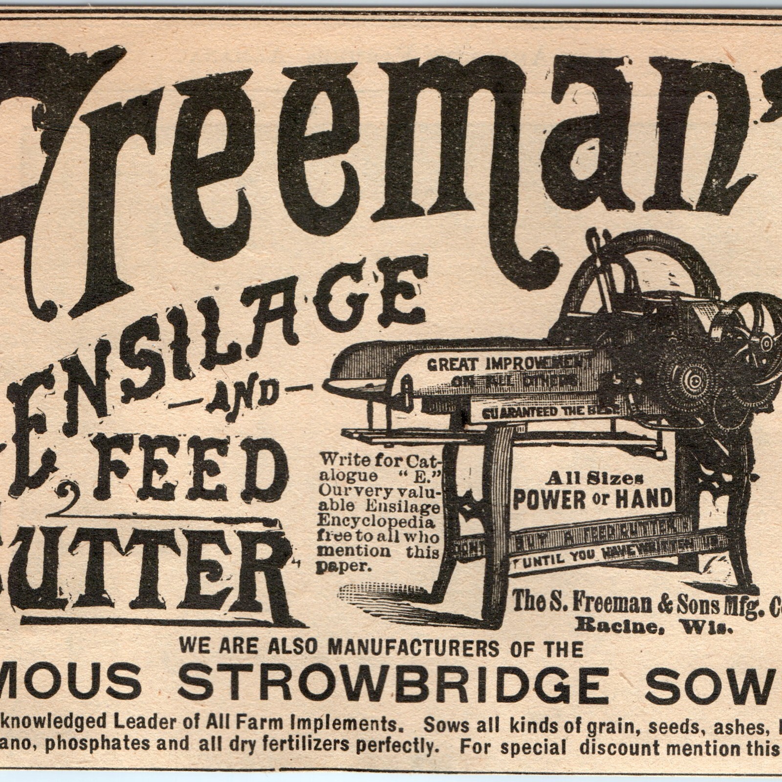 Vtg 1890 Freeman Sons Ensilage Feed Cutter Print Ad Racine WI Strowbridge Sower