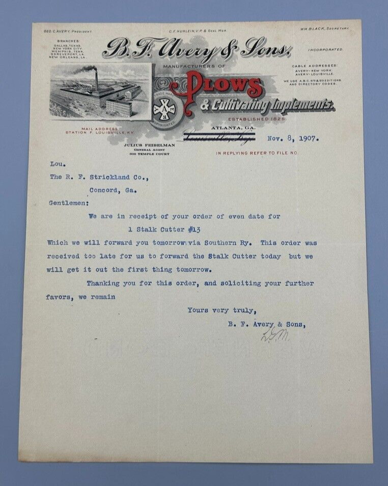 1907 B F AVERY & Sons PLOWS Antique Letter FARM Advertising ATLANTA GA