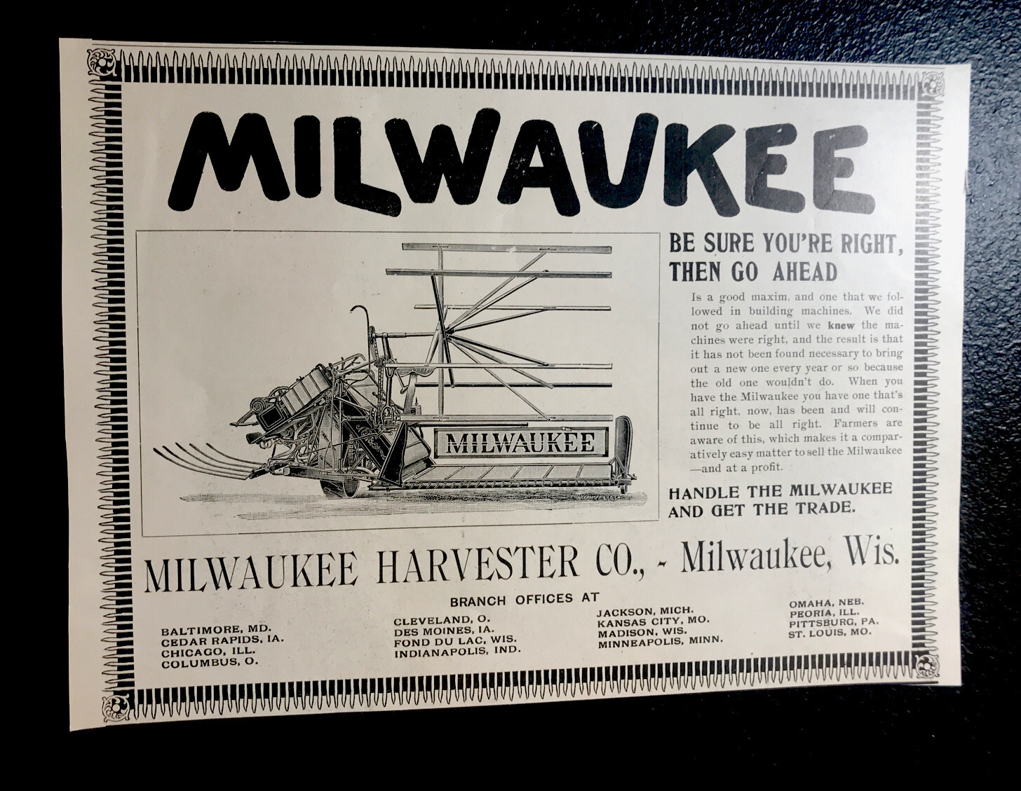 ORIGINAL 1897 Milwaukee Harvester Co. Farm Implement Advertising – Wisconsin