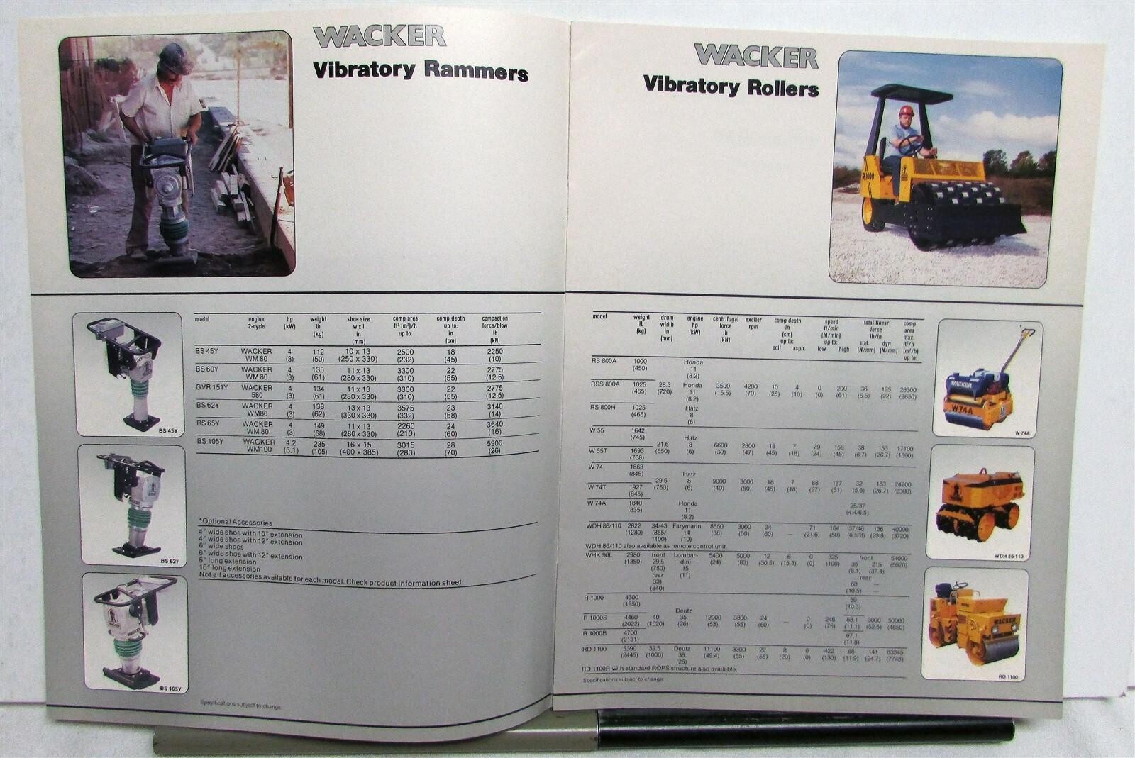 1989 Wacker Vibratory Rollers Rammers Construction Equipment Sales Brochure