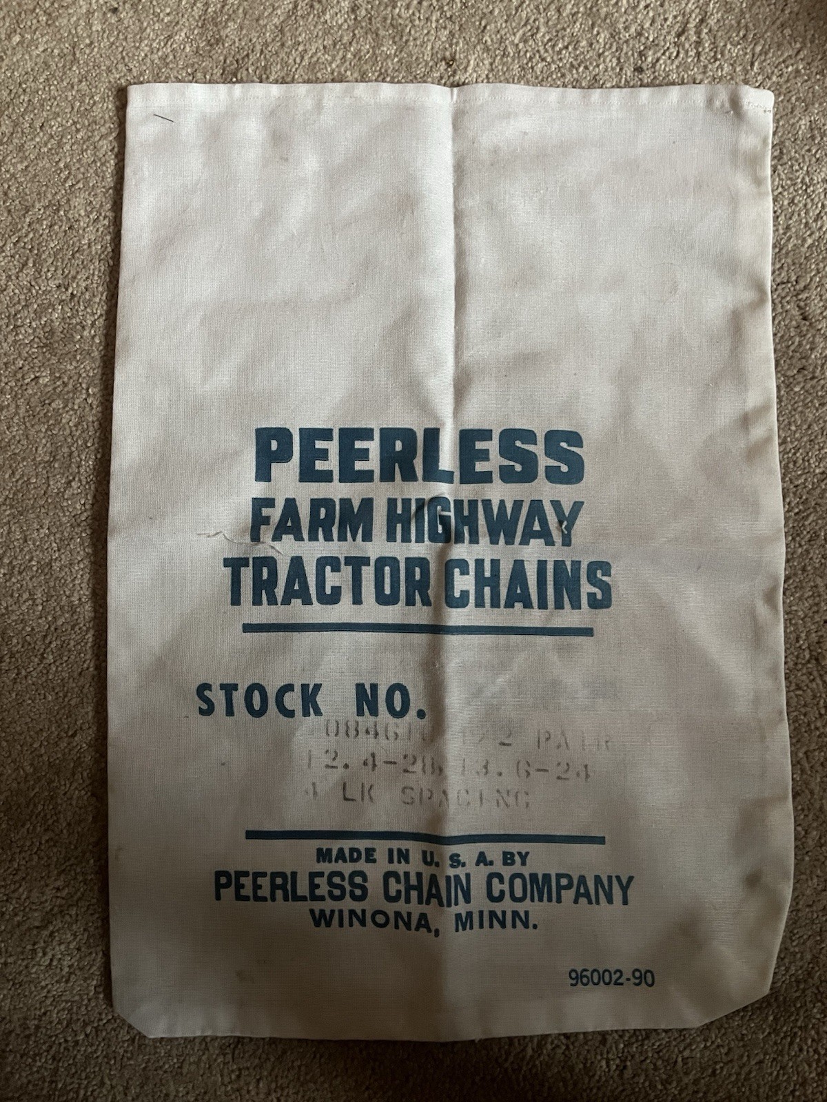 Vintage Peerless Chain Co. Tire Farm Tractor Chains Fabric Bag Farm Winona MN