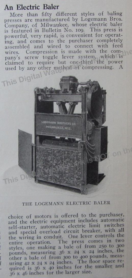 1915 Article * Logemann Bros. Company Milwaukee WI * ELECTRIC BALER 50 Styles