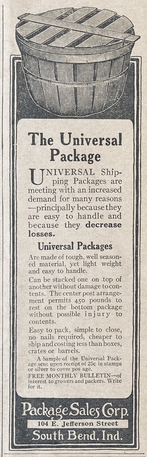 1919 AD.(XH67)~PACKAGE SALES CO. S. BEND, IND. UNIVERSAL FRUIT BASKETS