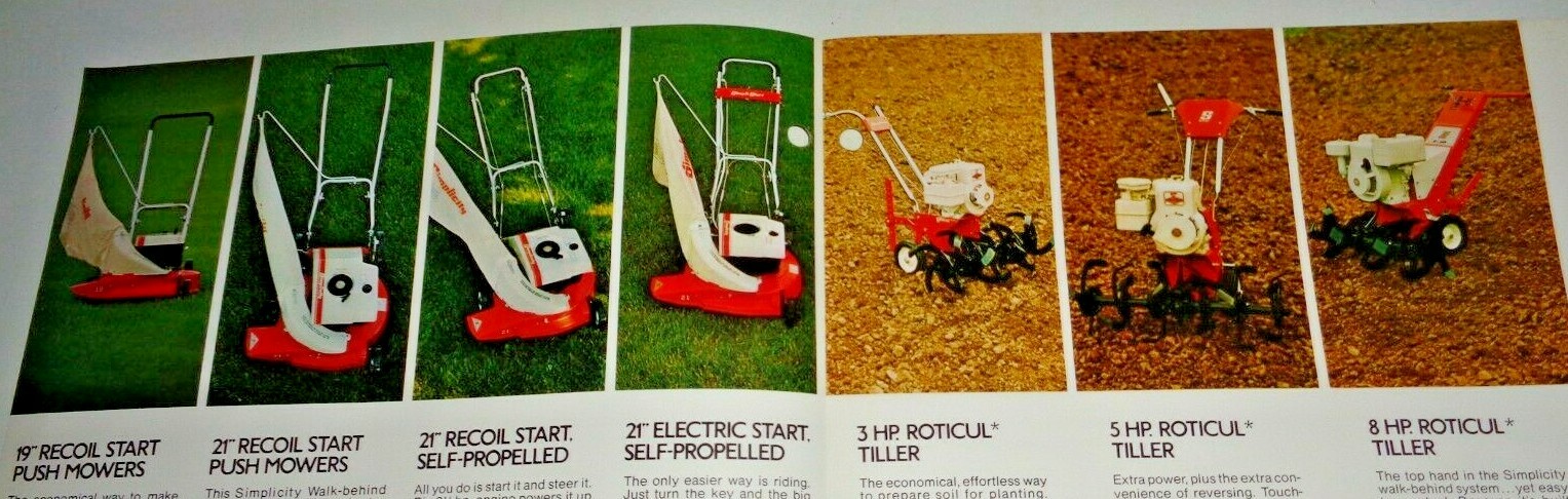 Simplicity Walk Behind Mowers and Roticul Tillers Sales Brochure Literature