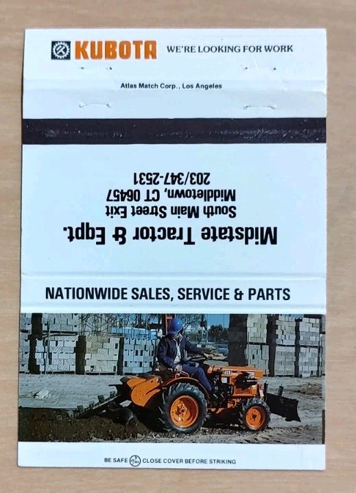 Kubota Midstate Tractor & Equipment Matchbook Cover Photo Middletown Connecticut
