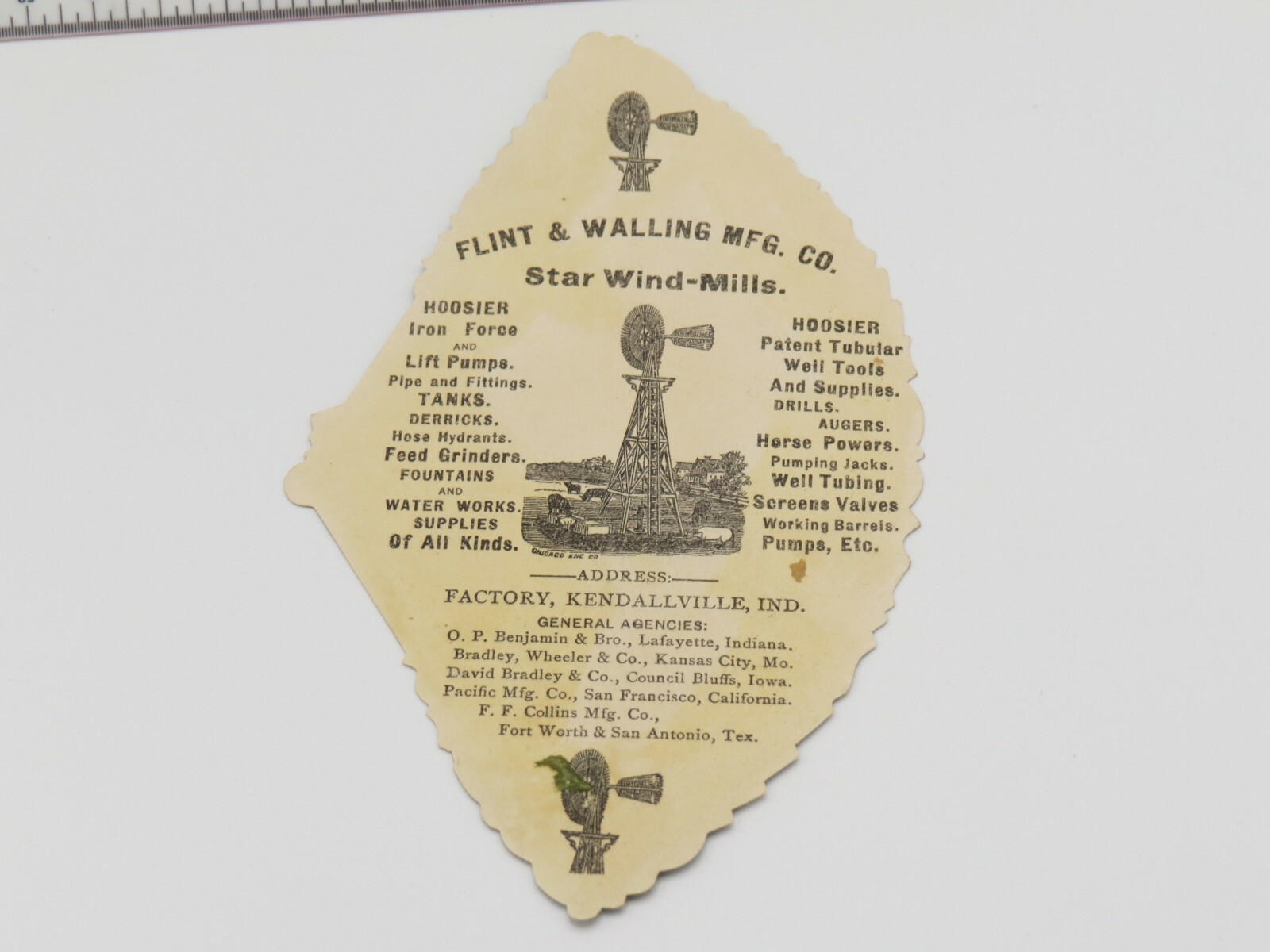 Windmill STAR Wind Engines Flint Walling Trade CARD Beautiful Hand FAN Die-Cut