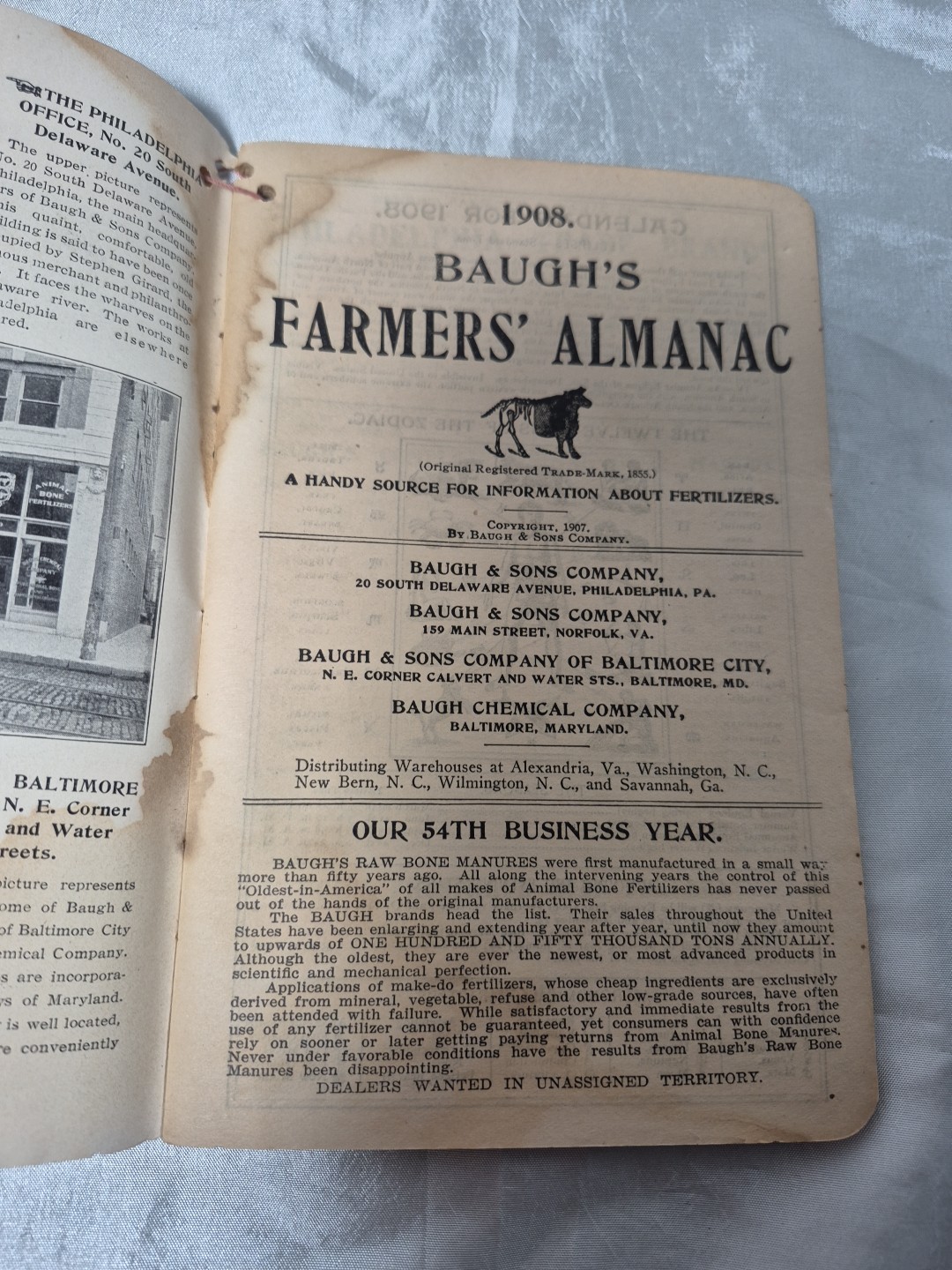 1908 Farmers Almanac Baugh Sons Co Fertilizers Agriculture Water Damage
