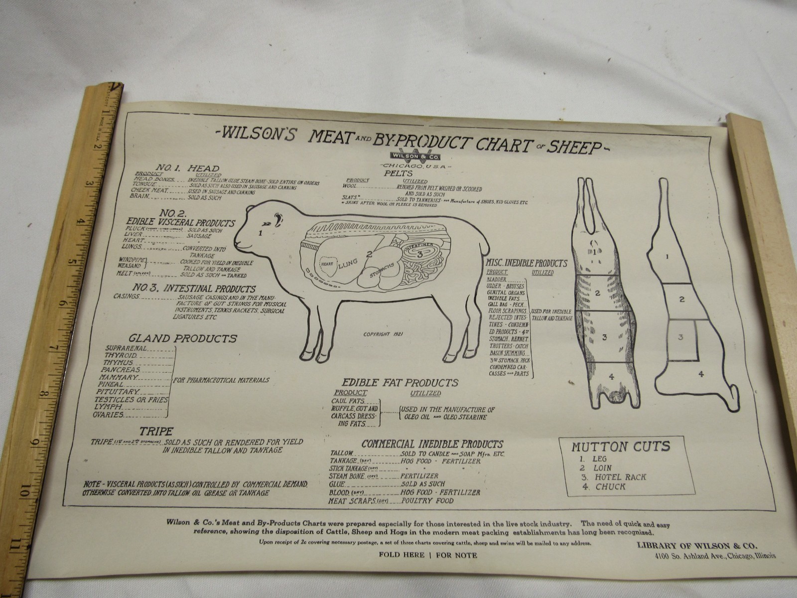 1921 WILSON SHEEP BYPRODUCT PORK CUTS CHICAGO BUTCHER PACKINGHOUSE POSTER VISUAL