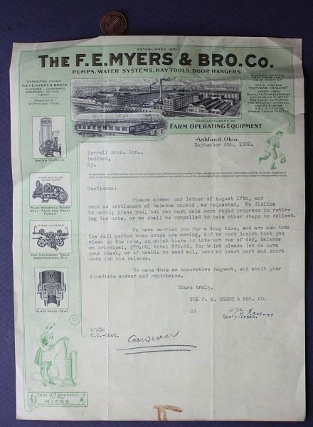 1932 Ashland Ohio F.E. Myers Farm Equipment ORNATE Bedford Kentucky PAY letter–