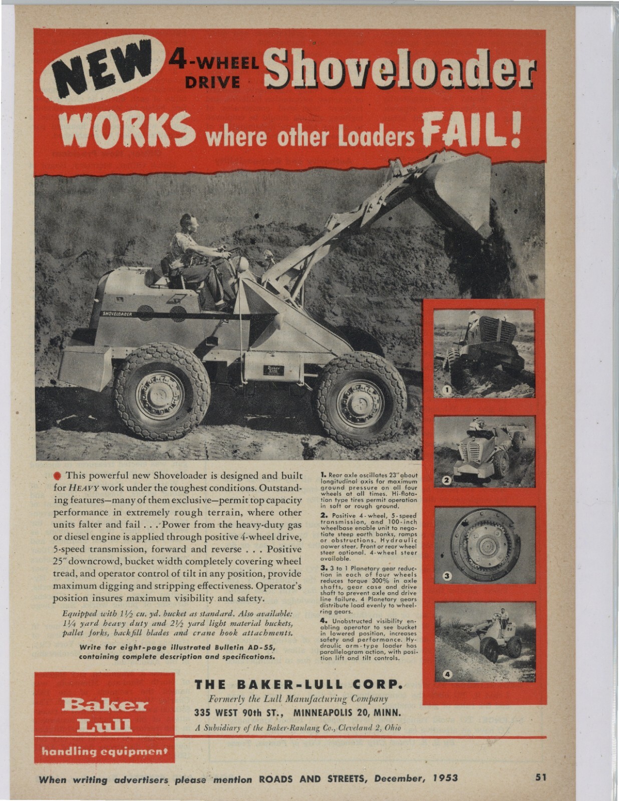 1953 Baker Lull Co. Ad: Shoveloader At Work – 4WD – Minneapolis, Minnesota