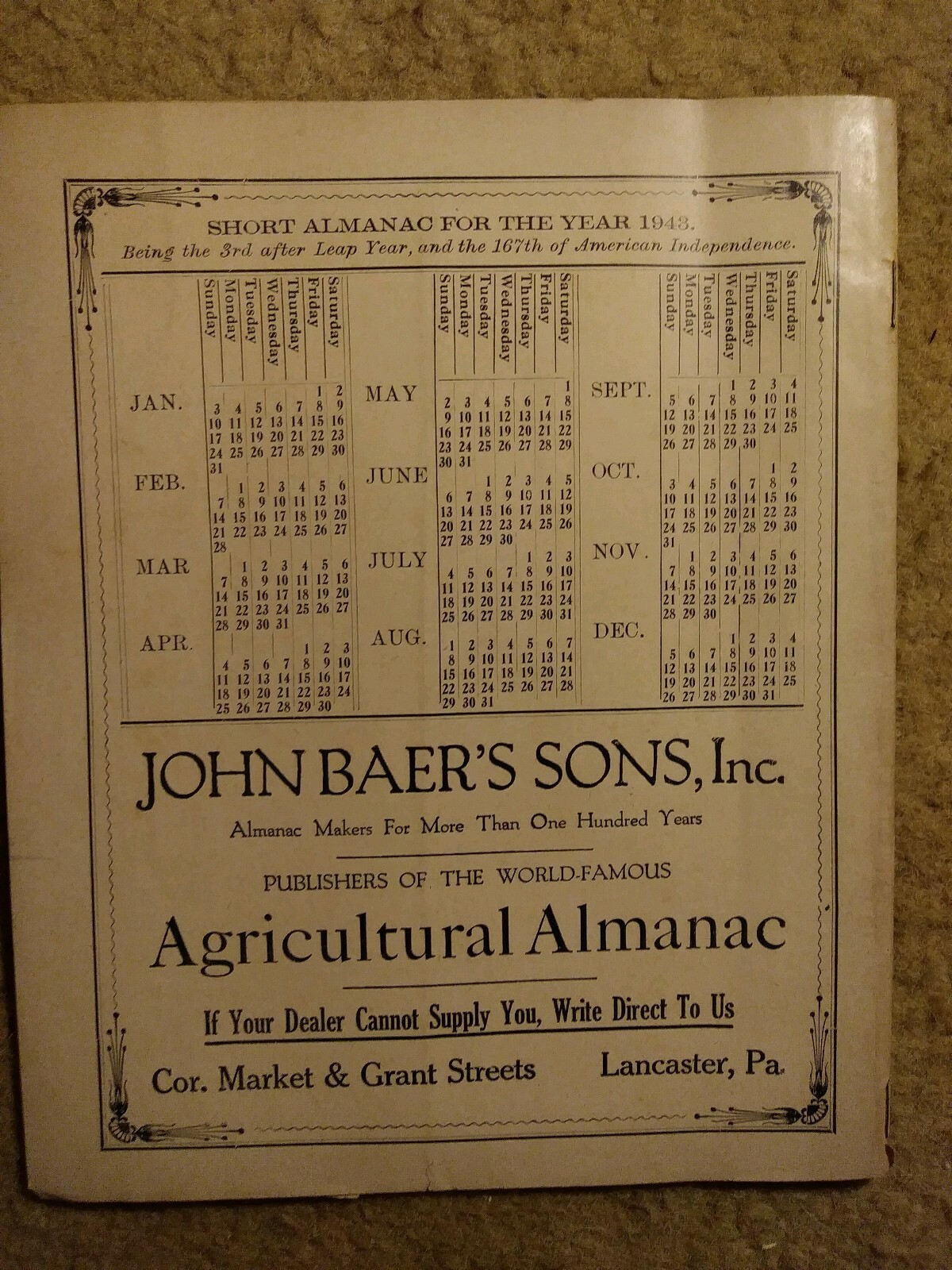 Agricultural Almanac Vol #118 1943 John Baers Sons Lancaster PA