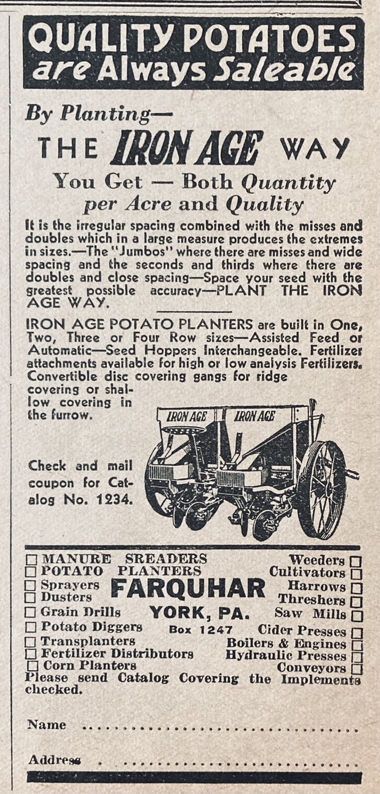 1935 AD(XH20)~A.B. FARQUHAR CO. YORK, PA. IRON AGE POTATO PLANTER