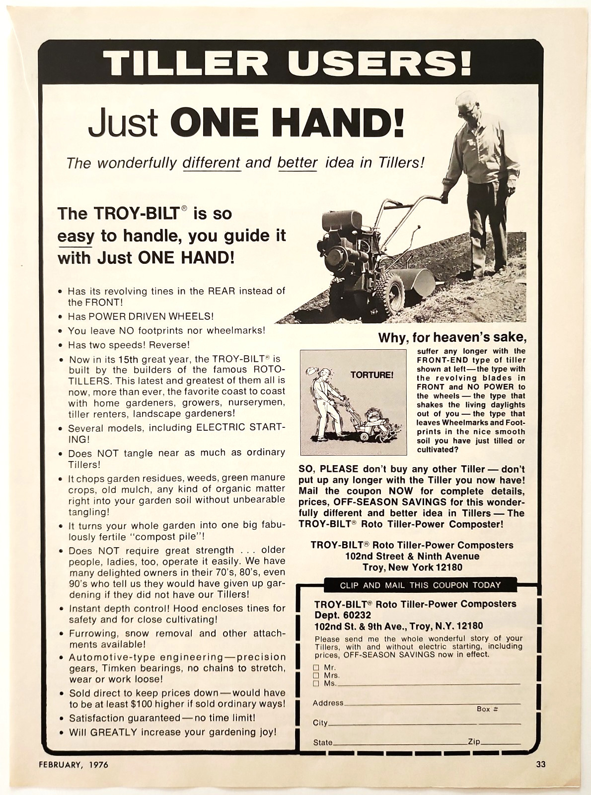 1976 Troy-Bilt Rototiller Advertisement Vintage Agricultural Machinery New York
