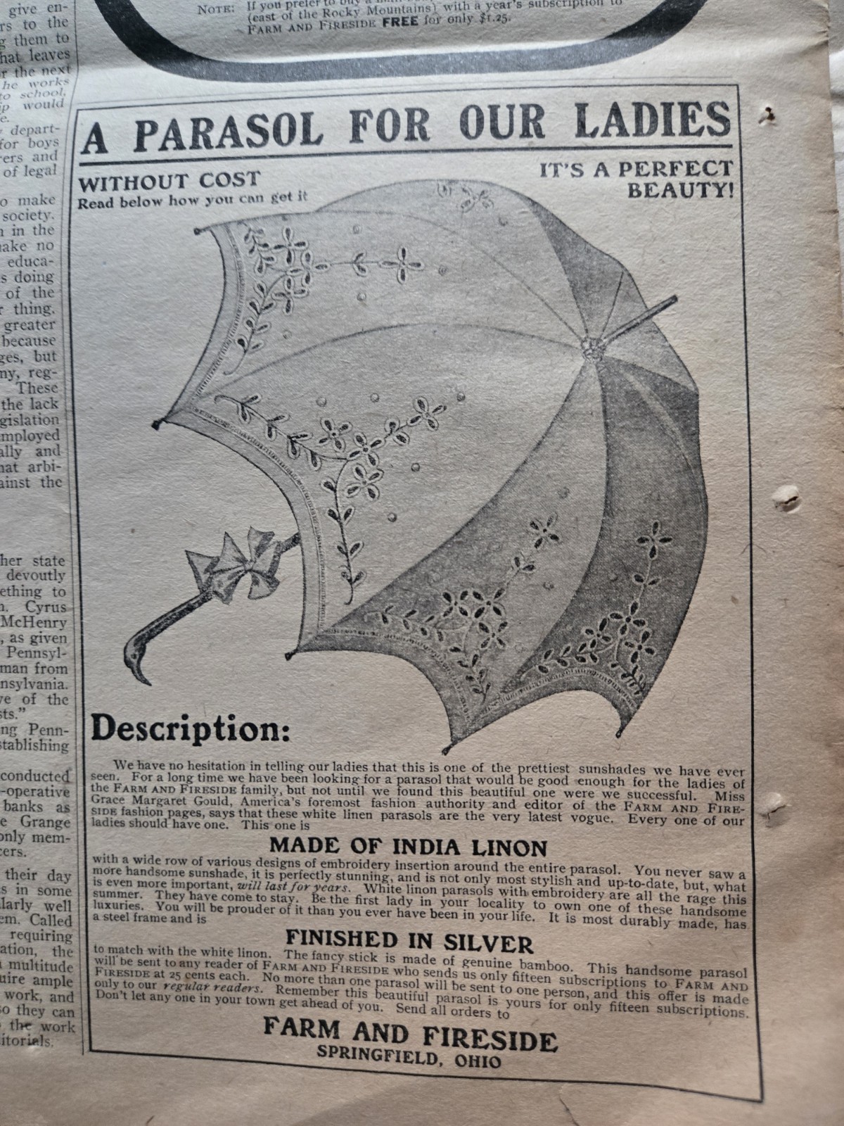 Farm & Fireside Newspaper – Antique Agriculture 1907 Articles Ads Illustrations
