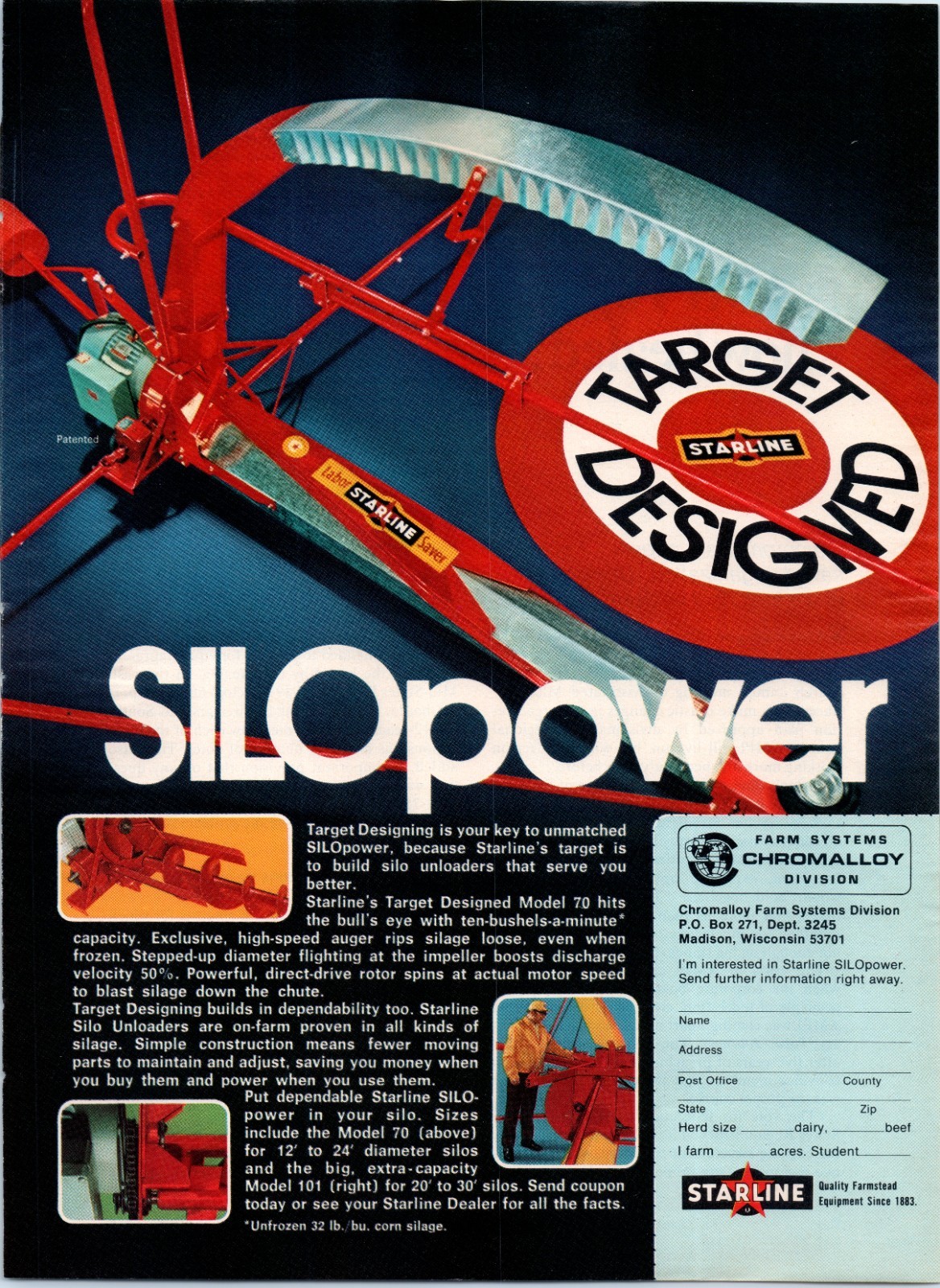 1975 Starline Target Designed Silo Unloader Model 70 Vintage 70&rsquo;s Print Ad