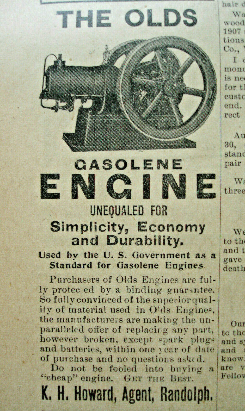 Vintage 1907 Randolph Vermont Newspaper Advertisement The Olds Gasoline Engine