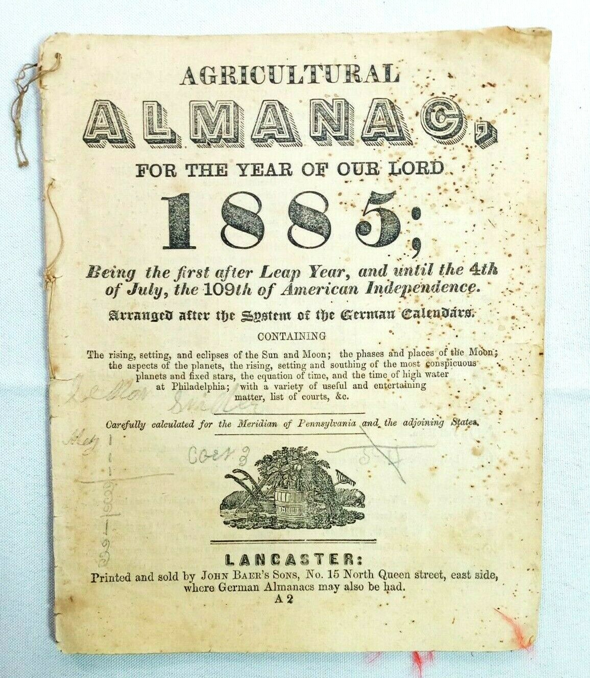 Vintage 1885 John Bear Baer&rsquo;s Agricultural Almanac Antique Farmers Lancaster PA
