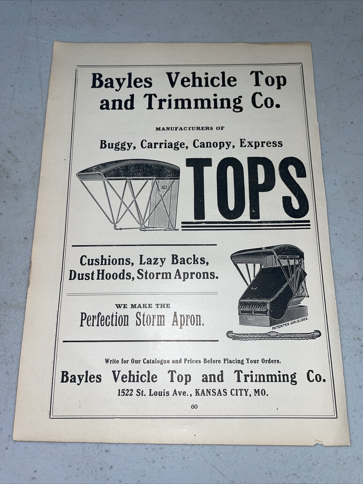 ORIGINAL 1907 Bayles Buggy & Carriage Tops Farm Advertising – Kansas City