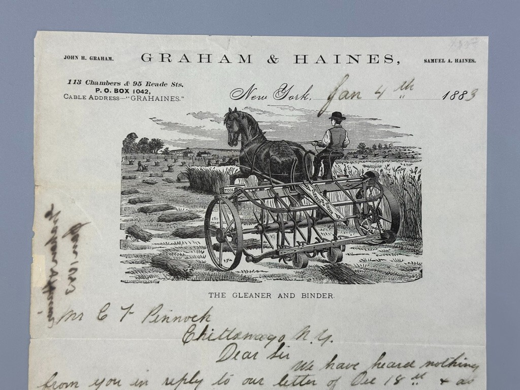 1883 GRAHAM & HAINES Gleaner Binder FARM Advertising Illustrated Letter Antique
