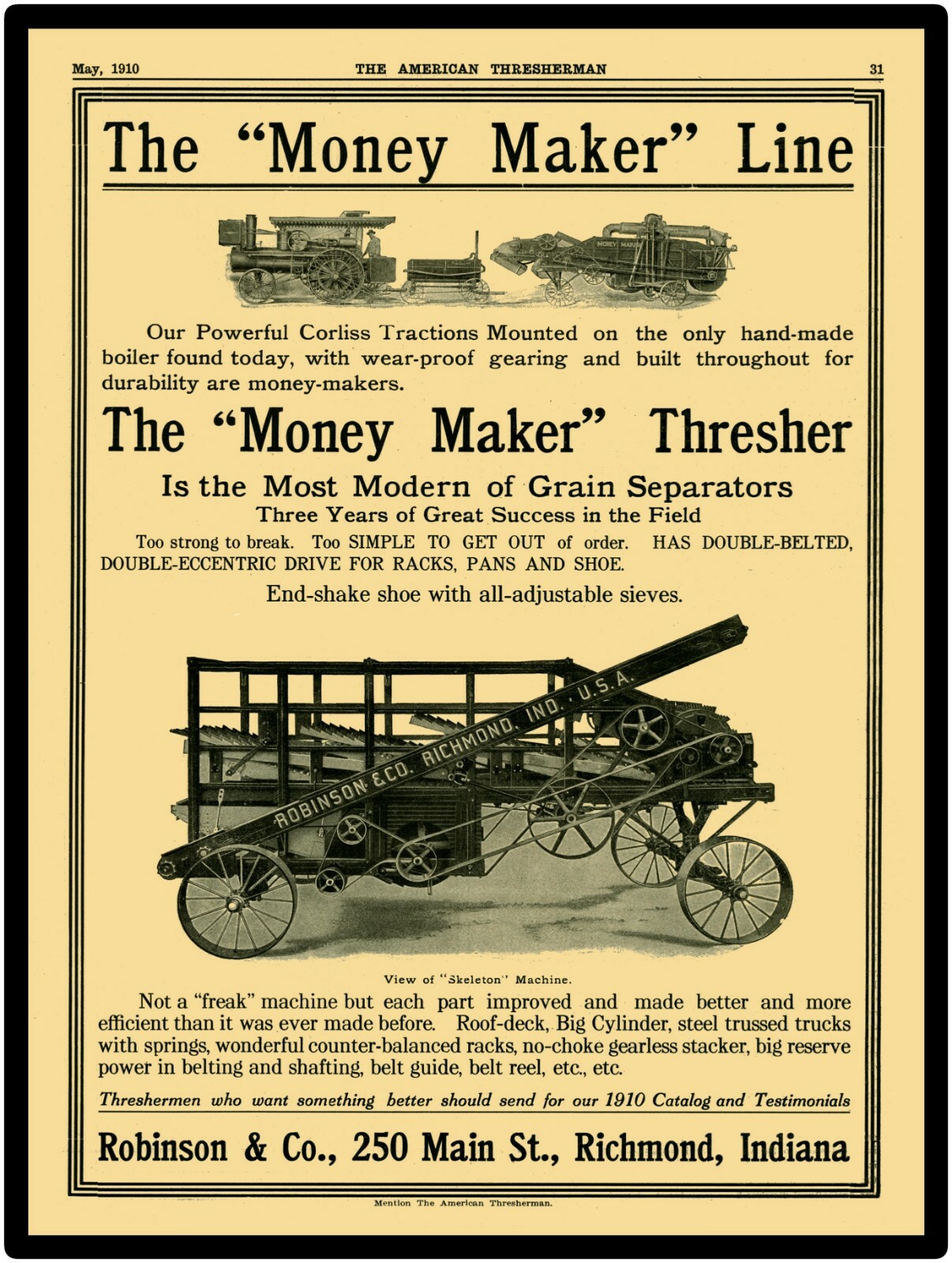 1910 Robinson & Co New Metal Sign: Money Maker Thresher, Grain Separator