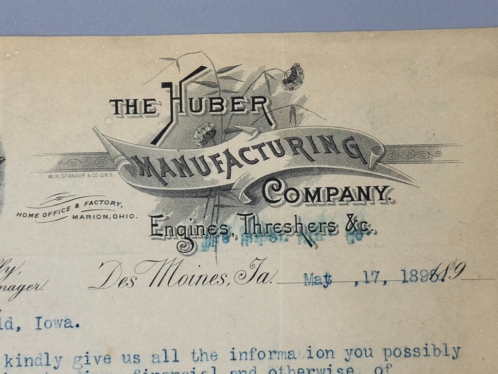 1895 HUBER THRESHERS ENGINES Farm Machinery Advertising Letterhead DES MOINES IA