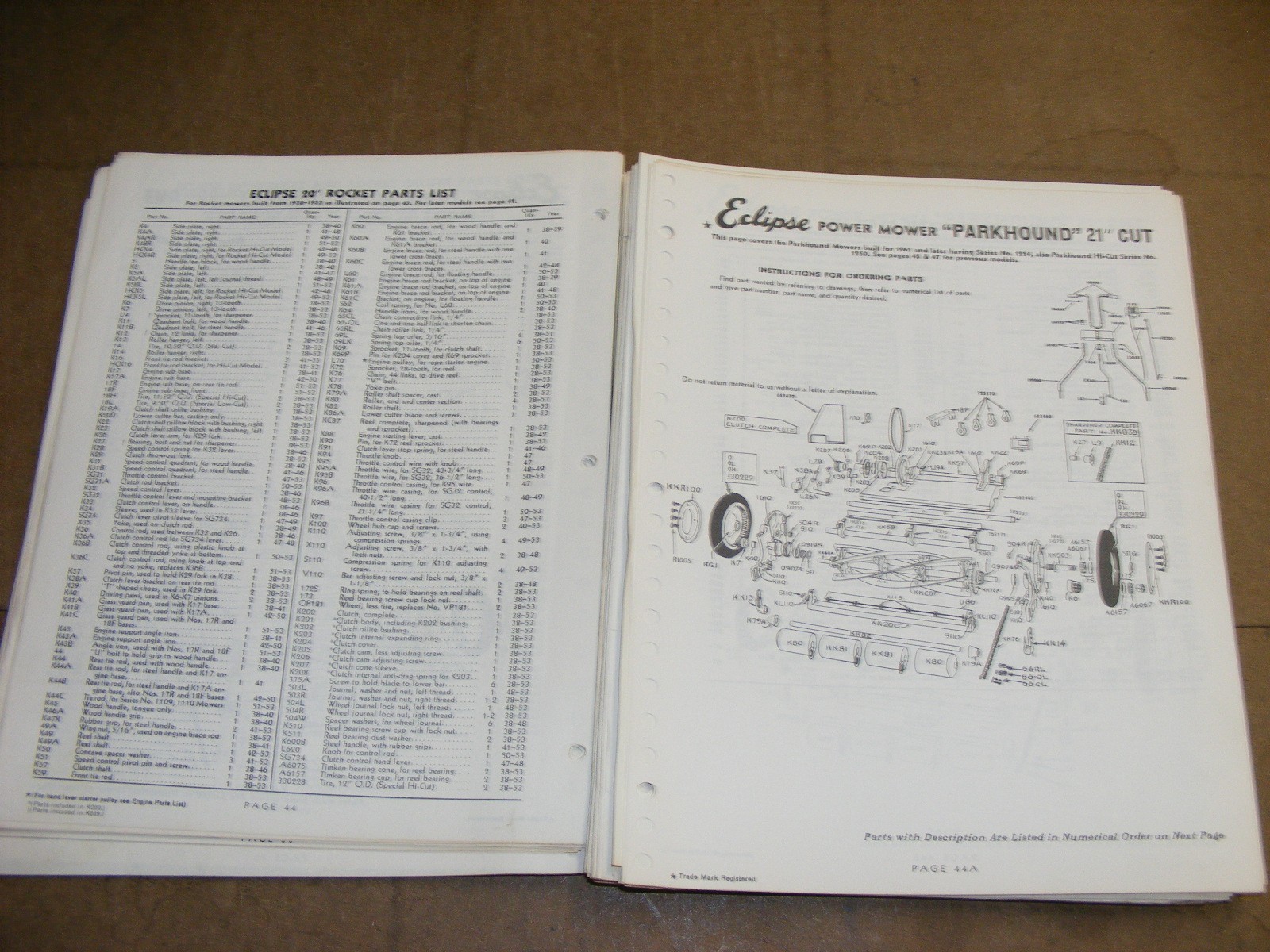 1960s Hahn Eclipse Mower Master Parts Catalog Maintenance Manual