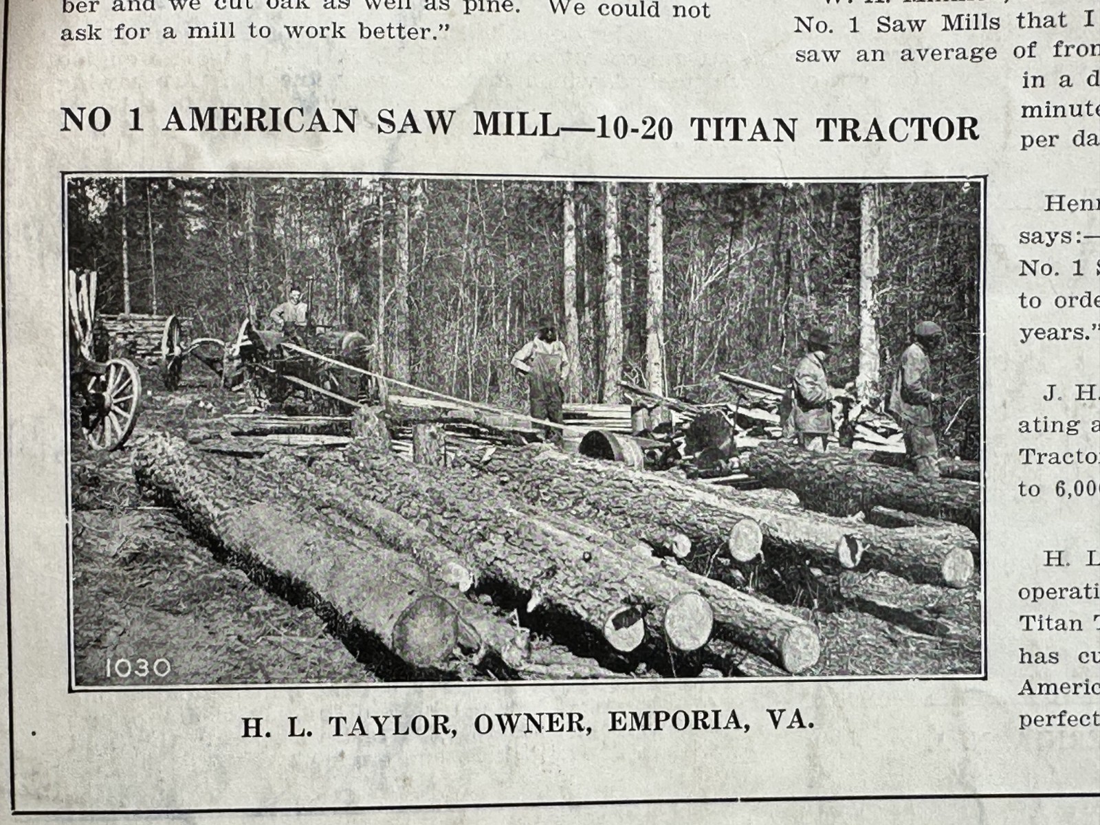 c 1920 AMERICAN SAW MILL Machinery For FARM TRACTORS Advertising Fordson Titan