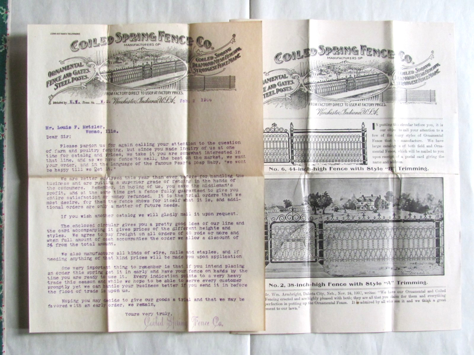 1906 COILED SPRING ORNAMENTAL FENCE WINCHESTER INDIANA LETTER & BROCHURE