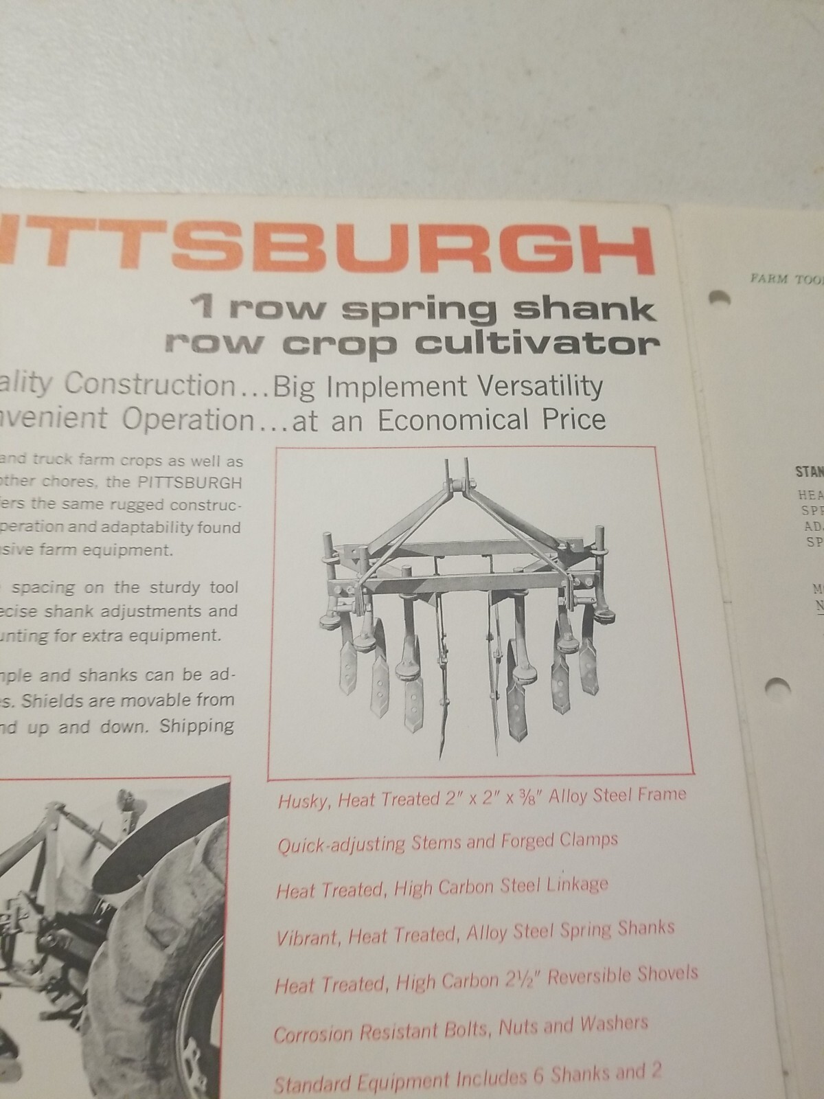 1970 PITTSBURGH FORGINGS CO. 1 ROW SPRING SHANK CULTIVATOR BROCHURE &PRICE LIST