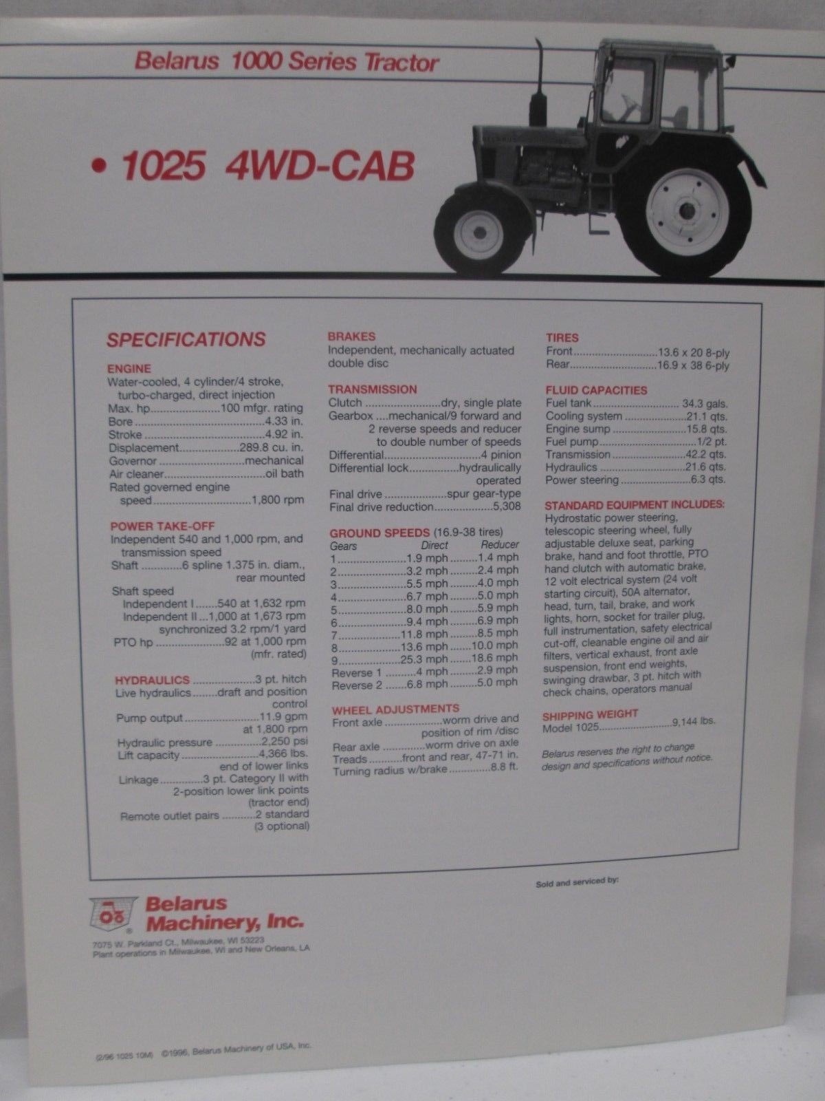Belarus 1000 Series Tractors 100 HP 1025 4WD Cab Brochure Specifications 1996