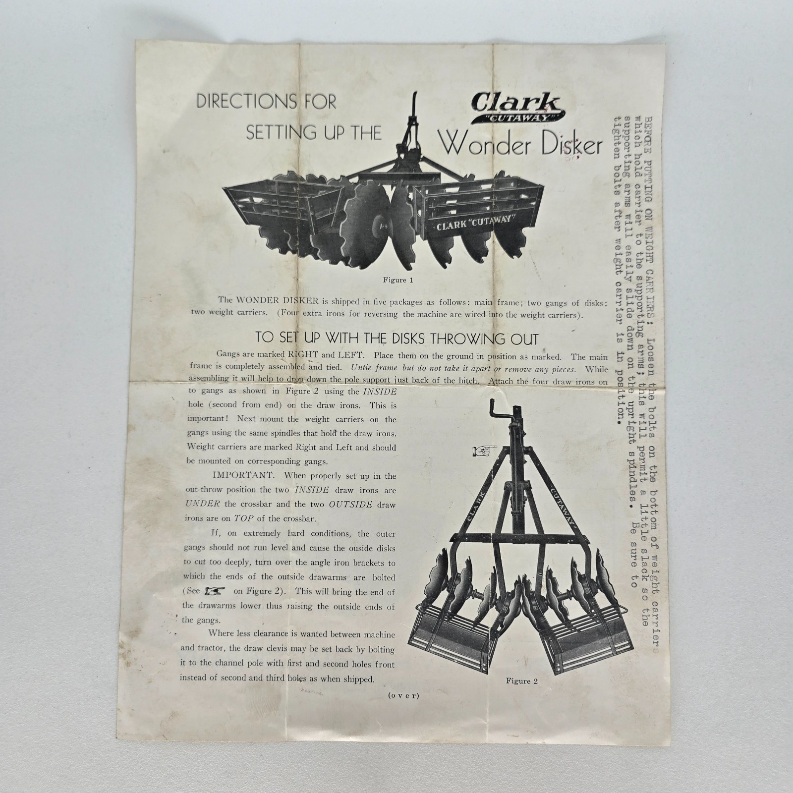 1930s Clark Cutaway Harrow Wonder Disker Instruction Sheet Farm Implement Disk