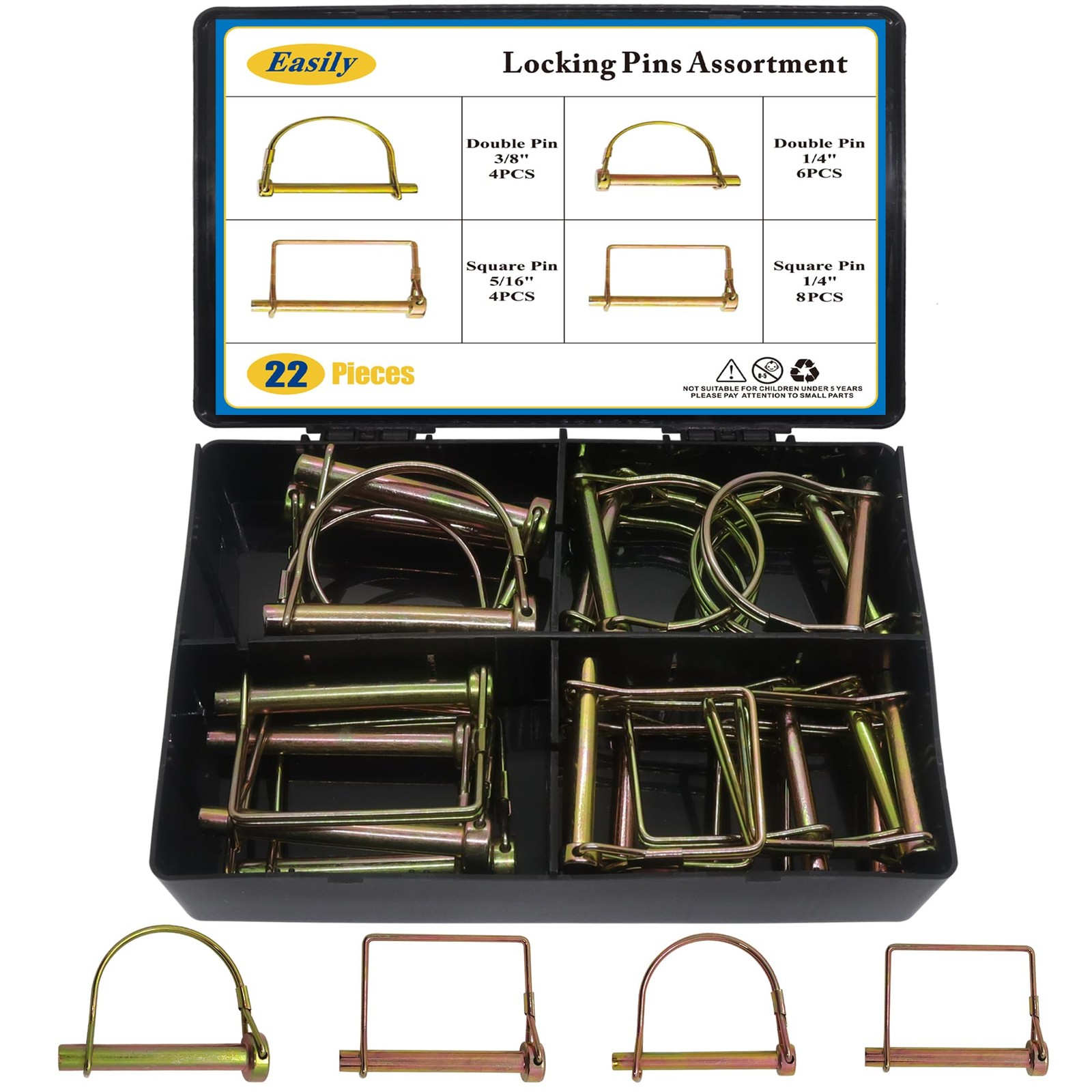 22 PCS Gold Shaft Locking Pin Assortment 1/4&Prime; 5/16&Prime; 3/8&Prime; Hitch Pin