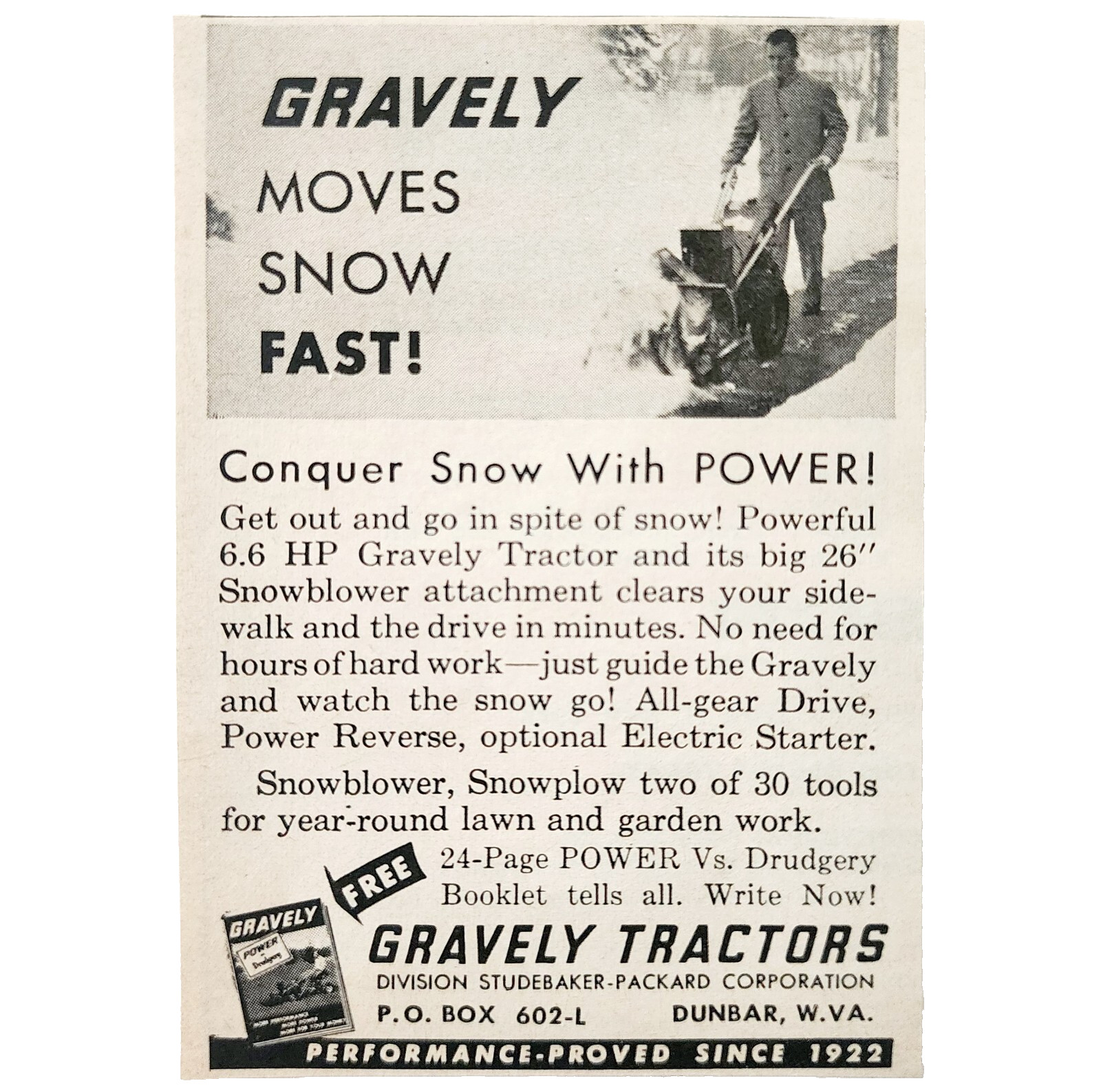 1961 Gravely Tractors Snow Blower Advertisement Vintage Agriculture DWF28