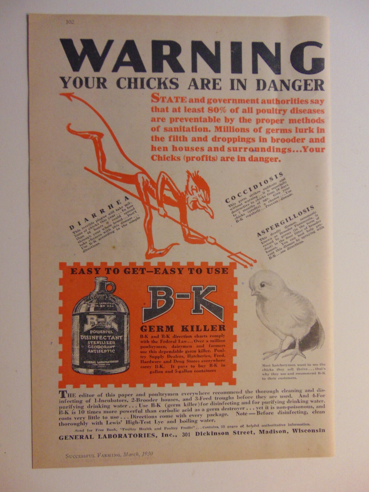 1930 B-K GERM KILLER Warning Your CHICKS are in Danger vintage print ad