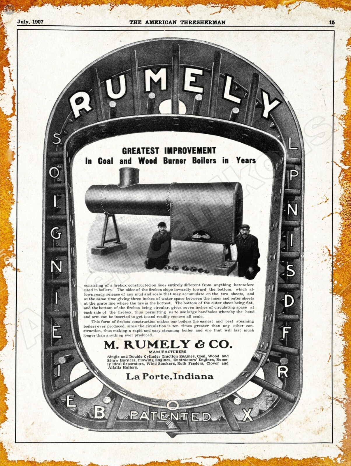 1907 M. Rumely Co. Coal & Wood Burner Boilers New Metal Sign: La Porte, Indiana
