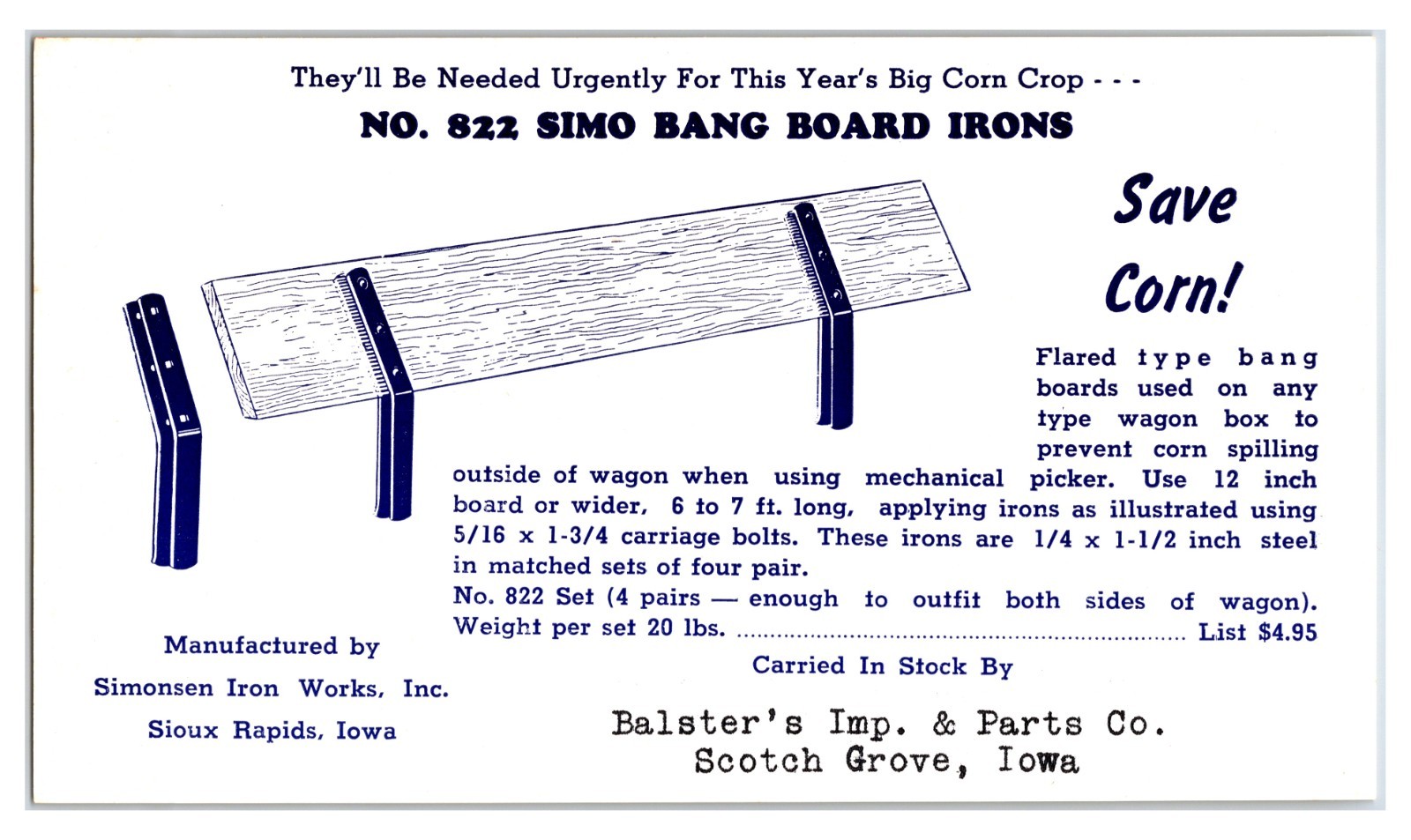 No.822 Simo Bang Board Irons For Wagons Original Print Ad (6in x 4) Brochure