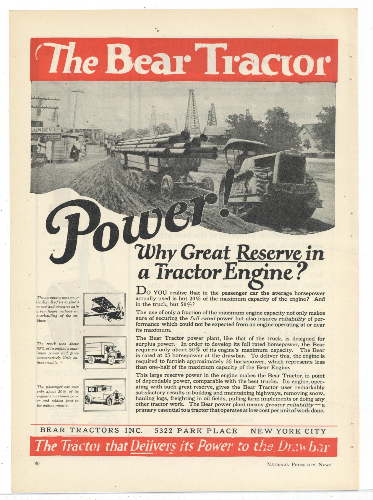 1923 Bear Tractors Inc. of New York City Ad: Crawler Pulling Oil Pipeline Wagon