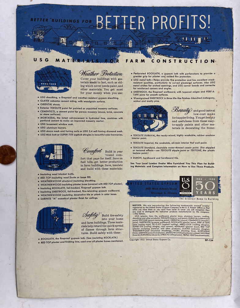 1952 Low Cost Shed for High Priced Machinery for Farms Blueprint U.S. Gypsum Co.