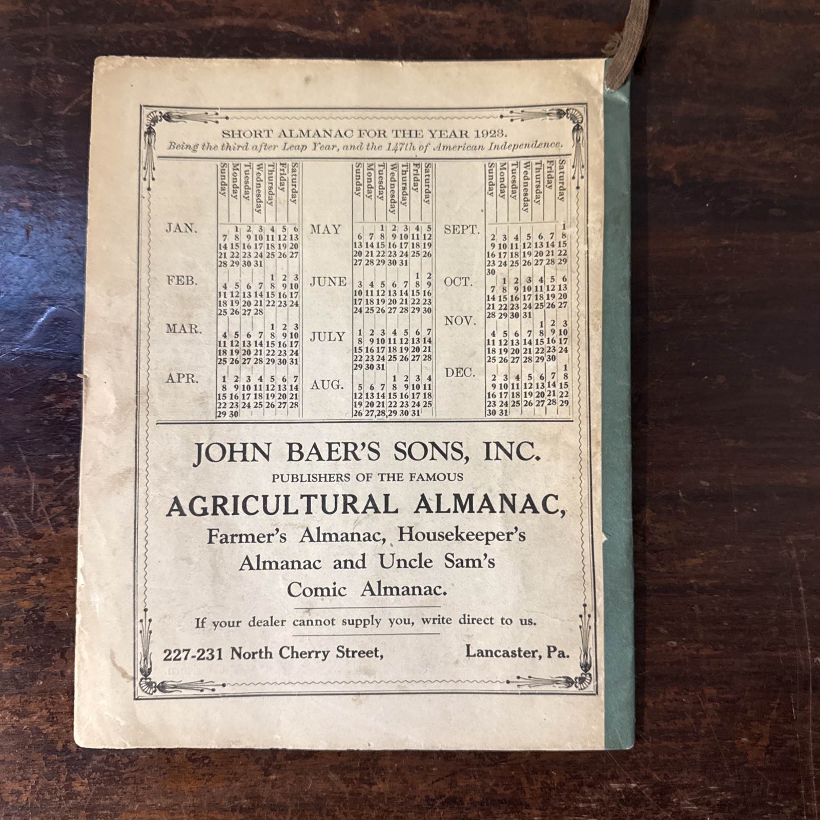Vintage John Baer&rsquo;s Agricultural Almanacs dated 1919, 1923 & 1929 Lancaster PA